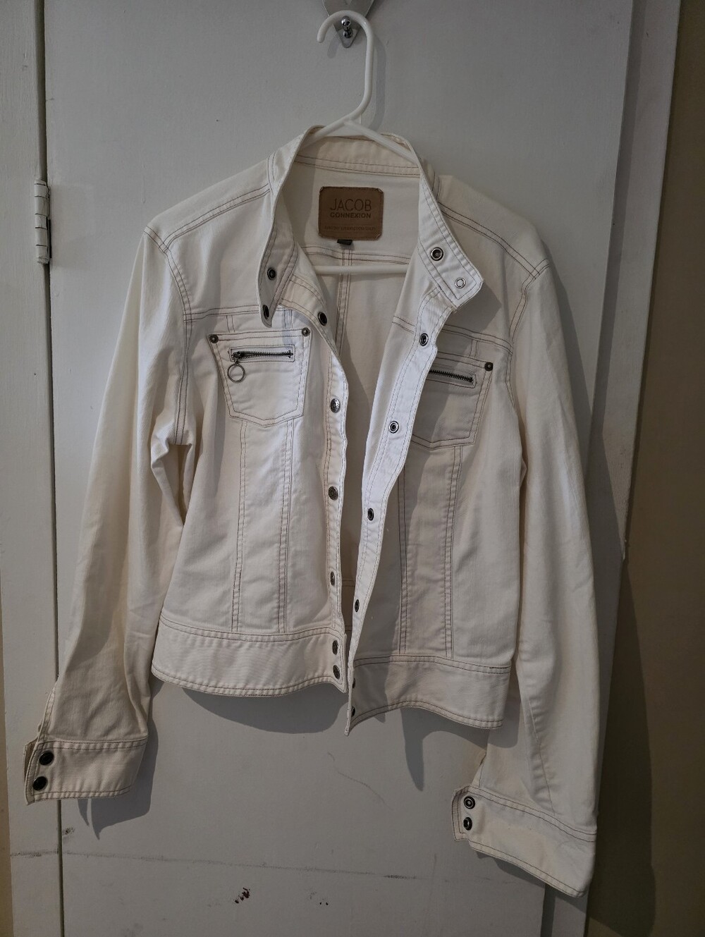 Jacob White Women's Denim Jacket with Zip Chest Pockets